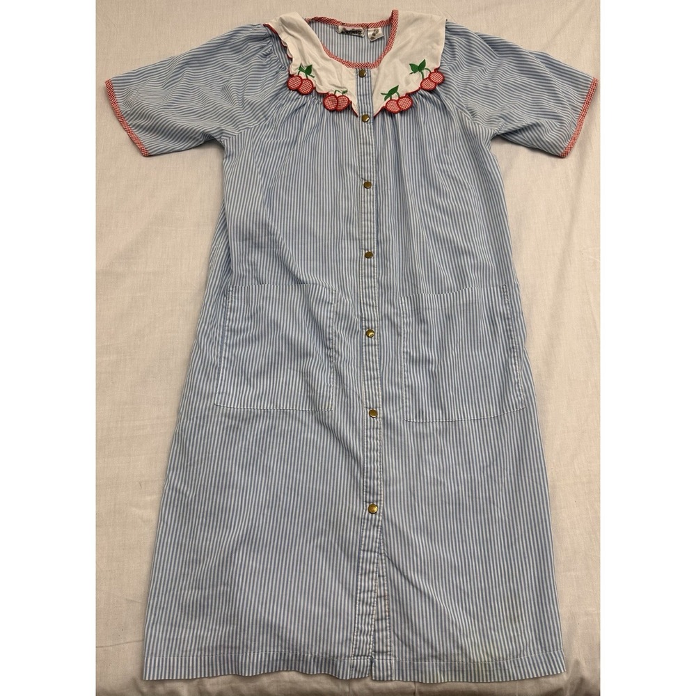 Kelly Reed  Robe Women's Small Blue Stripe Cherry Collar Button Front